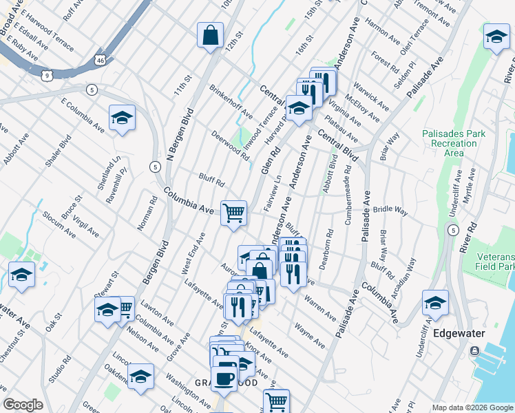 map of restaurants, bars, coffee shops, grocery stores, and more near 1065 Fairview Lane in Fort Lee