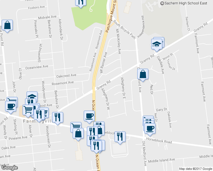 map of restaurants, bars, coffee shops, grocery stores, and more near 4 Mount Logan Court in Farmingville
