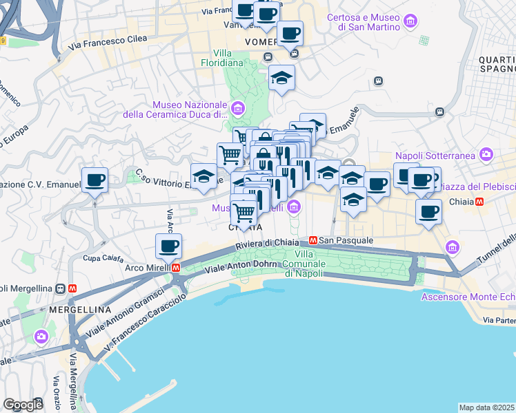 map of restaurants, bars, coffee shops, grocery stores, and more near 67 Via Giuseppe Martucci in Napoli