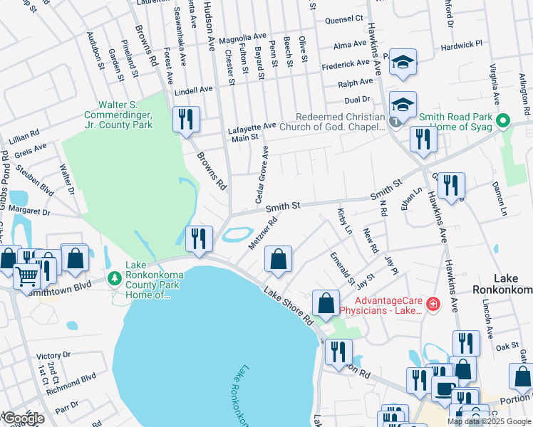 map of restaurants, bars, coffee shops, grocery stores, and more near 4 Cedar Grove Avenue in Lake Grove