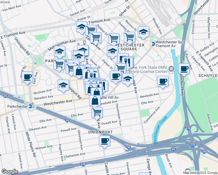 map of restaurants, bars, coffee shops, grocery stores, and more near 1436 Doris Street in Bronx