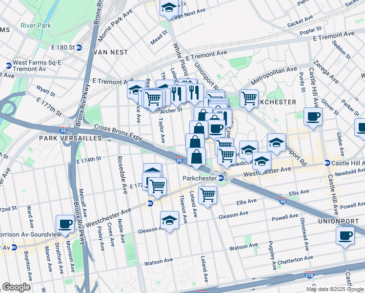 map of restaurants, bars, coffee shops, grocery stores, and more near 1417 Leland Avenue in The Bronx