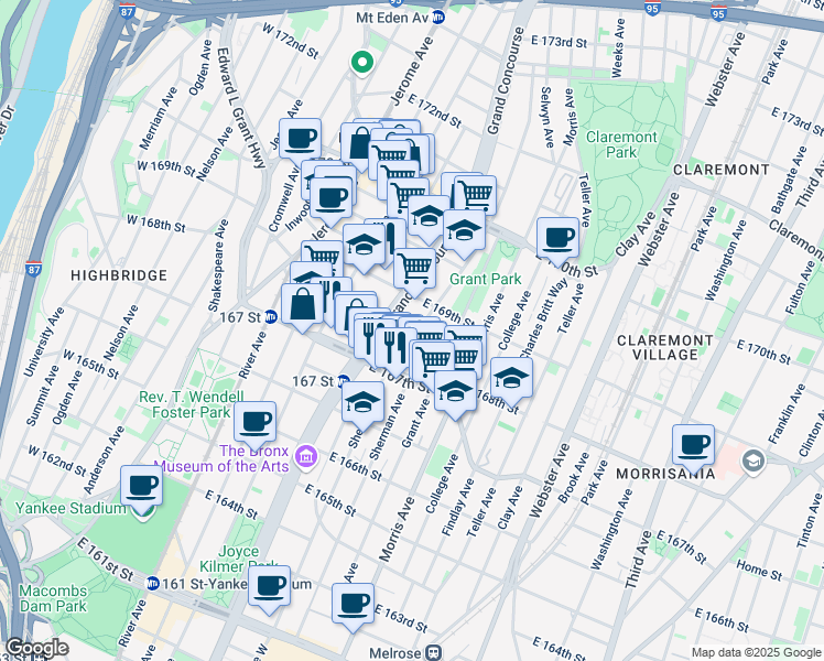 map of restaurants, bars, coffee shops, grocery stores, and more near in The Bronx