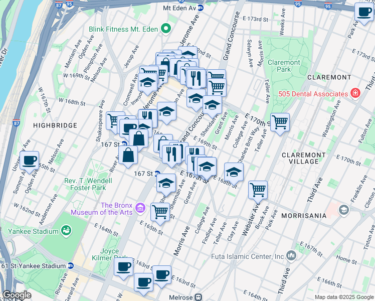 map of restaurants, bars, coffee shops, grocery stores, and more near in The Bronx