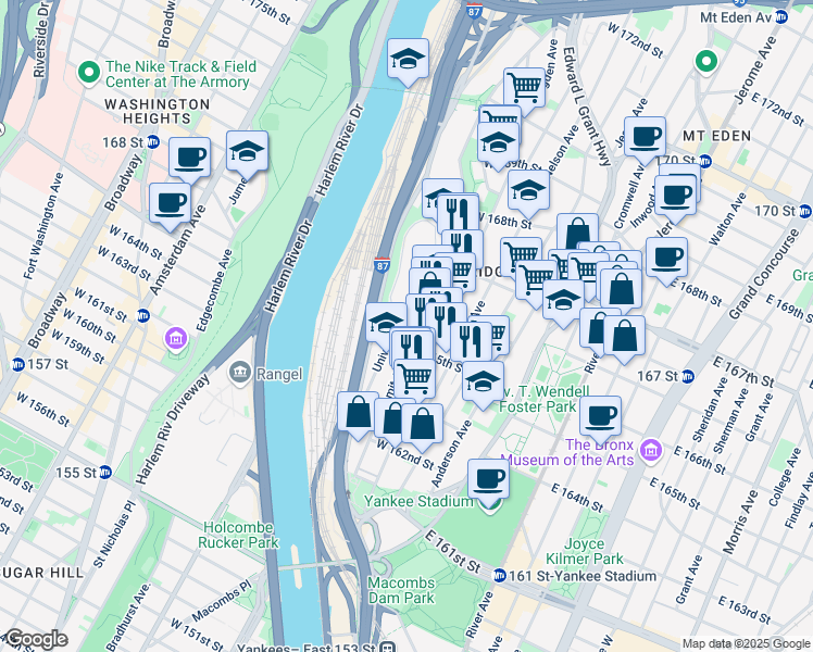 map of restaurants, bars, coffee shops, grocery stores, and more near 190 West 166th Street in The Bronx
