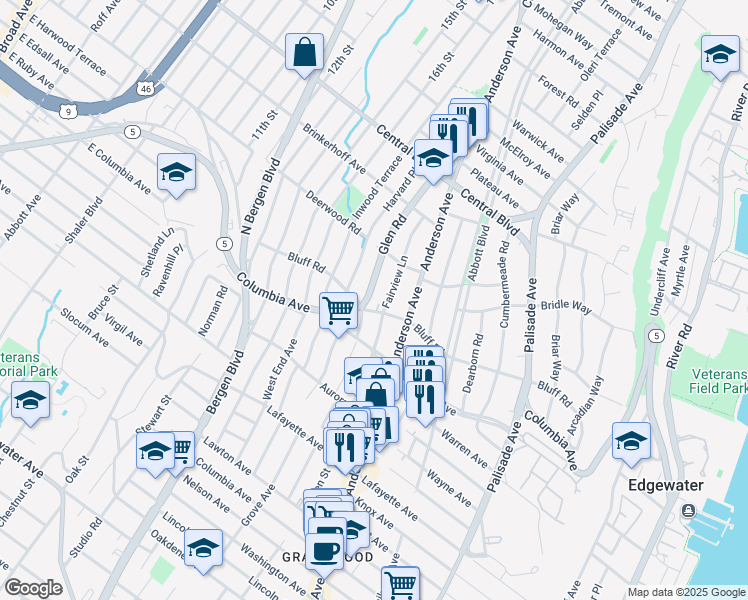 map of restaurants, bars, coffee shops, grocery stores, and more near 1065 Fairview Lane in Fort Lee