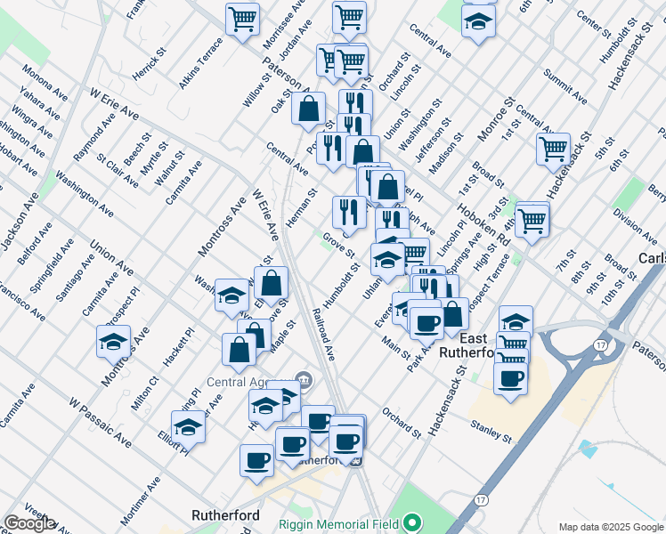 map of restaurants, bars, coffee shops, grocery stores, and more near 322 Grove Street in East Rutherford