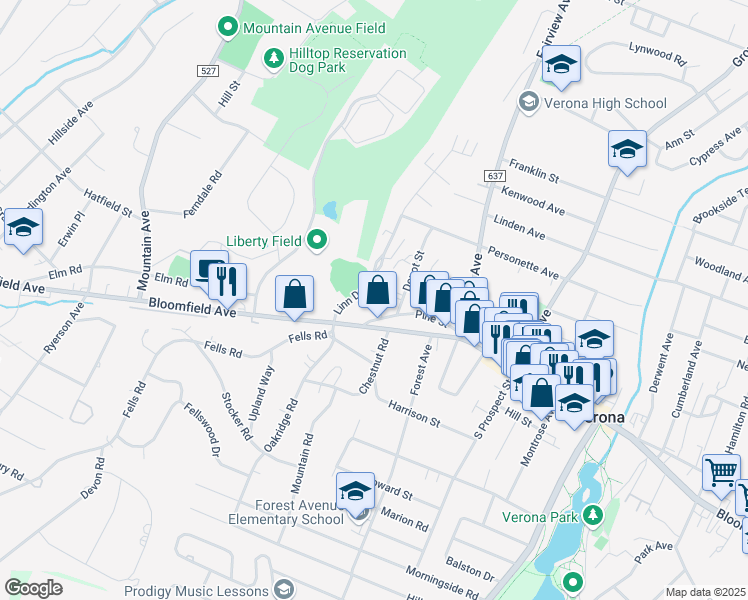 map of restaurants, bars, coffee shops, grocery stores, and more near 100 Pine Street in Verona