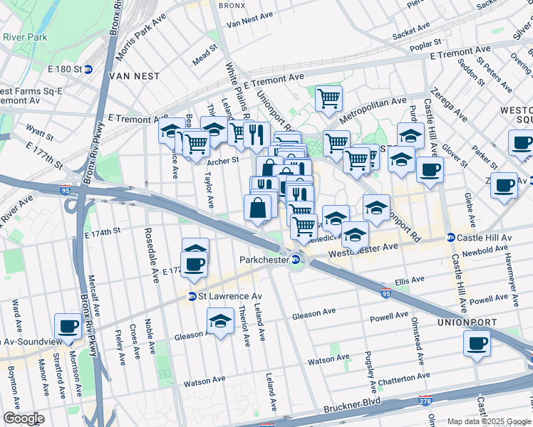 map of restaurants, bars, coffee shops, grocery stores, and more near 1380 White Plains Road in Bronx