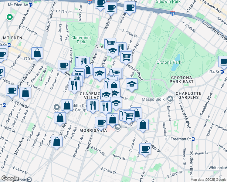 map of restaurants, bars, coffee shops, grocery stores, and more near 3706 3rd Avenue in Bronx