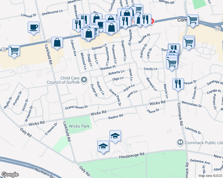 map of restaurants, bars, coffee shops, grocery stores, and more near 24 Grace Park Drive in Commack