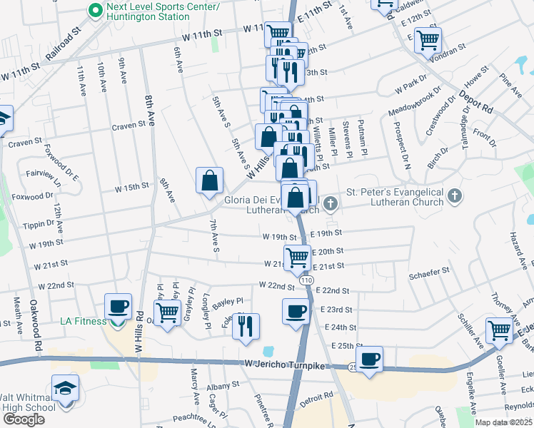 map of restaurants, bars, coffee shops, grocery stores, and more near 19 West 18th Street in Huntington Station