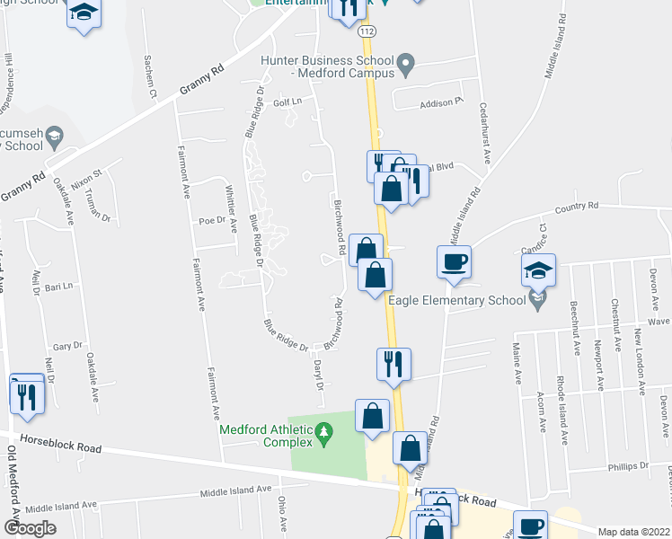 map of restaurants, bars, coffee shops, grocery stores, and more near 385 Birchwood Road in Medford