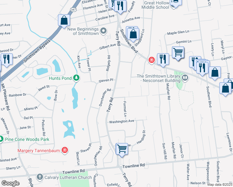 map of restaurants, bars, coffee shops, grocery stores, and more near 287 Terry Road in Smithtown