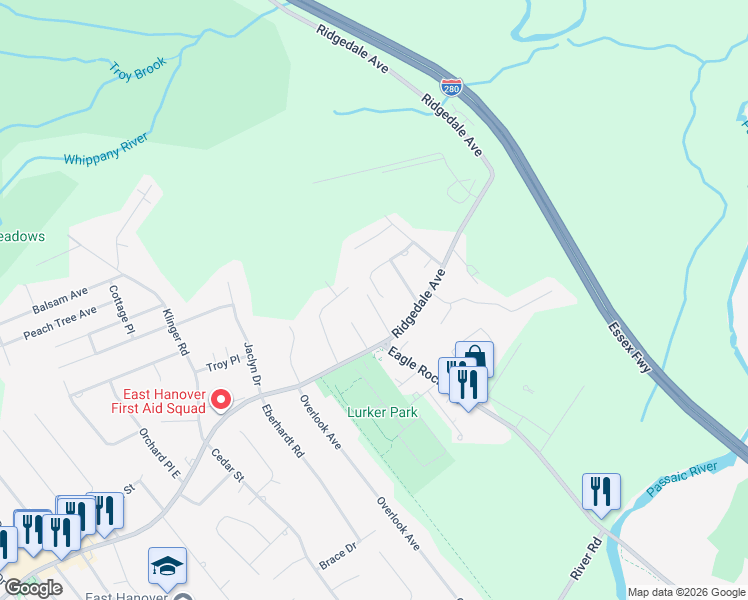 map of restaurants, bars, coffee shops, grocery stores, and more near 10 Brookline Avenue in East Hanover