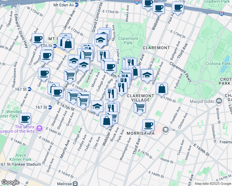 map of restaurants, bars, coffee shops, grocery stores, and more near 1329 Clay Avenue in Bronx