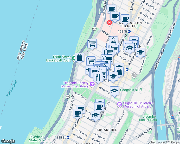 map of restaurants, bars, coffee shops, grocery stores, and more near 839 Riverside Drive in New York