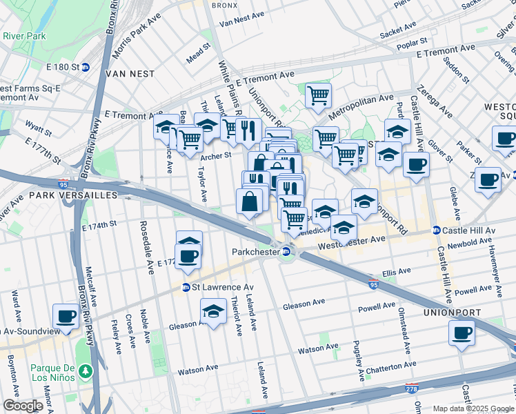 map of restaurants, bars, coffee shops, grocery stores, and more near 1410 White Plains Road in The Bronx