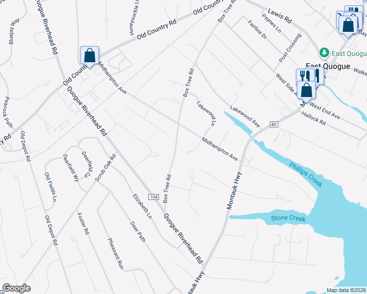 map of restaurants, bars, coffee shops, grocery stores, and more near 52 Box Tree Road in East Quogue