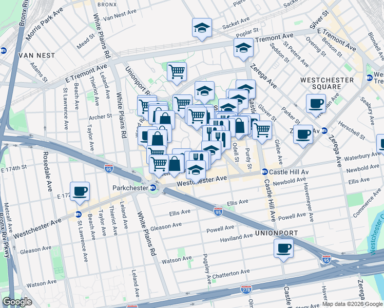 map of restaurants, bars, coffee shops, grocery stores, and more near 2055 McGraw Avenue in Bronx