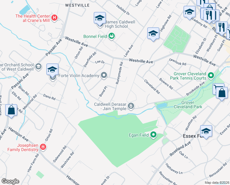 map of restaurants, bars, coffee shops, grocery stores, and more near 7 Bond Place in West Caldwell