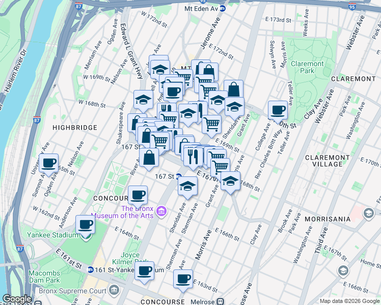 map of restaurants, bars, coffee shops, grocery stores, and more near 155 East 168th Street in The Bronx