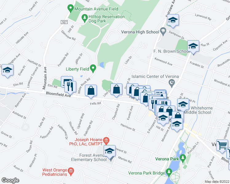 map of restaurants, bars, coffee shops, grocery stores, and more near 100 Pine Street in Verona