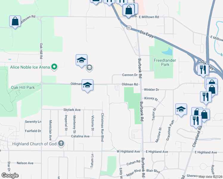 map of restaurants, bars, coffee shops, grocery stores, and more near 207 Cannon Drive in Wooster