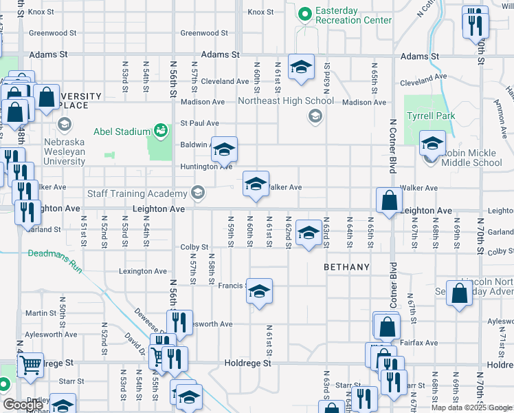 map of restaurants, bars, coffee shops, grocery stores, and more near 2311 North 60th Street in Lincoln