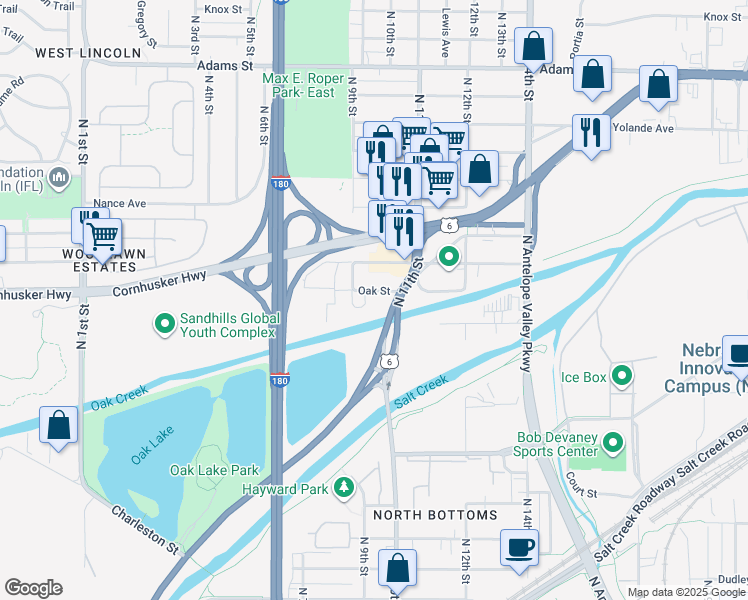 map of restaurants, bars, coffee shops, grocery stores, and more near 931 Oak Street in Lincoln