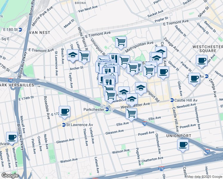 map of restaurants, bars, coffee shops, grocery stores, and more near 1448 East Avenue in Bronx