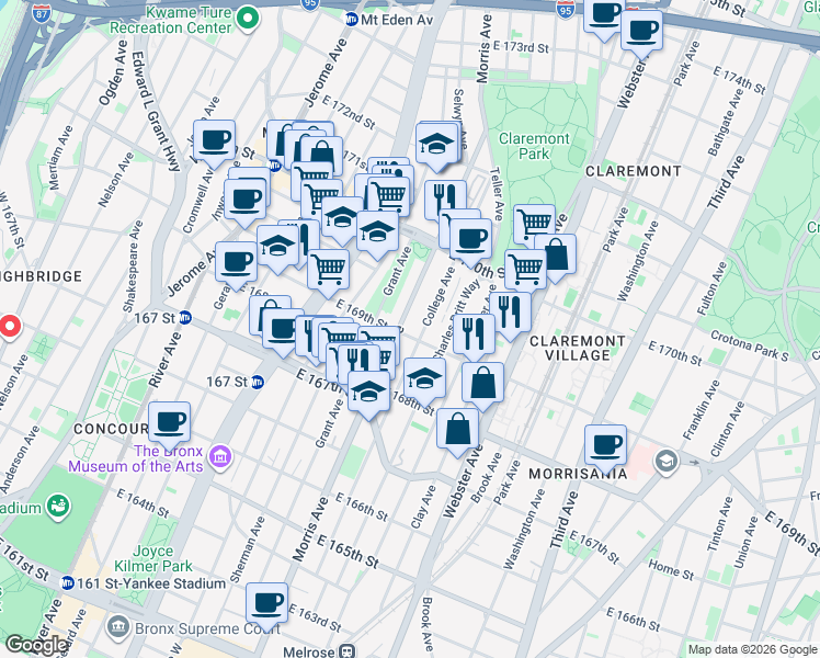 map of restaurants, bars, coffee shops, grocery stores, and more near in The Bronx