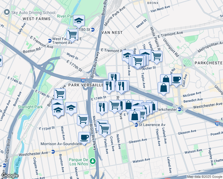 map of restaurants, bars, coffee shops, grocery stores, and more near 1420 Noble Avenue in Bronx