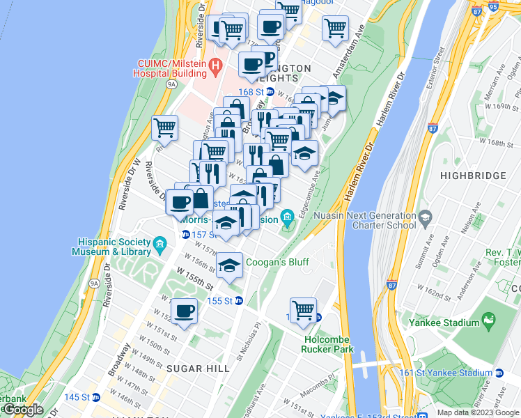 map of restaurants, bars, coffee shops, grocery stores, and more near 500 West 161st Street in New York
