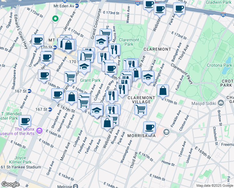 map of restaurants, bars, coffee shops, grocery stores, and more near 1365 Teller Avenue in Bronx