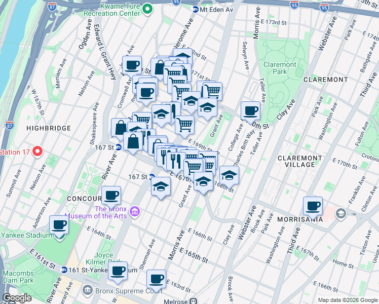 map of restaurants, bars, coffee shops, grocery stores, and more near in The Bronx