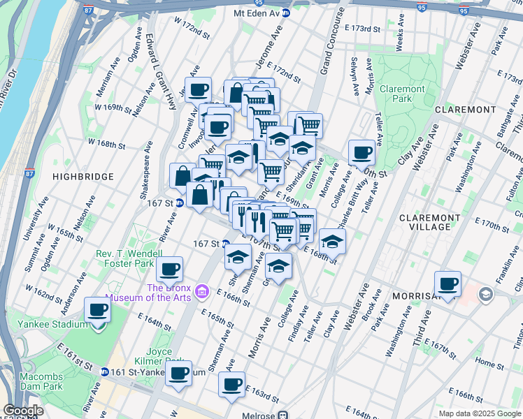 map of restaurants, bars, coffee shops, grocery stores, and more near in The Bronx