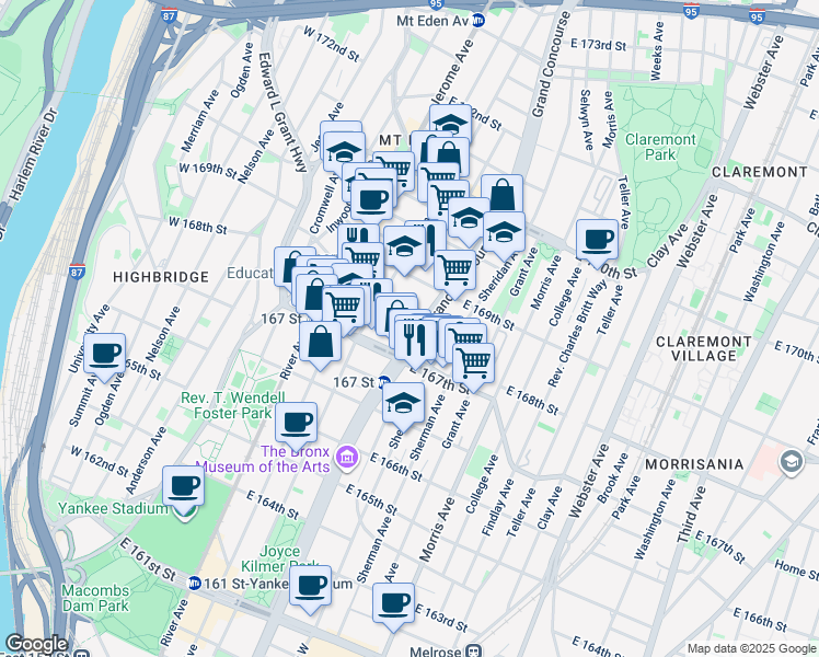map of restaurants, bars, coffee shops, grocery stores, and more near 155 East 168th Street in The Bronx