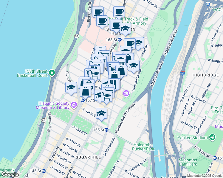 map of restaurants, bars, coffee shops, grocery stores, and more near 517 West 161st Street in New York