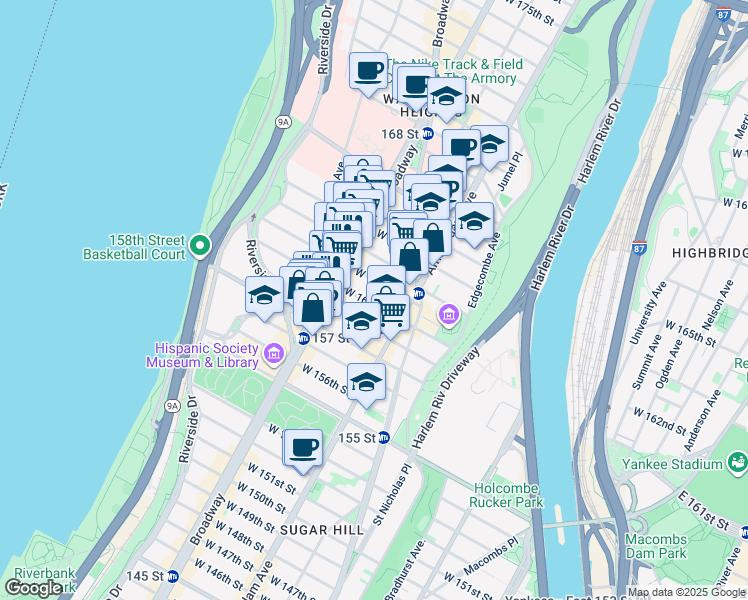map of restaurants, bars, coffee shops, grocery stores, and more near 572 West 161st Street in New York