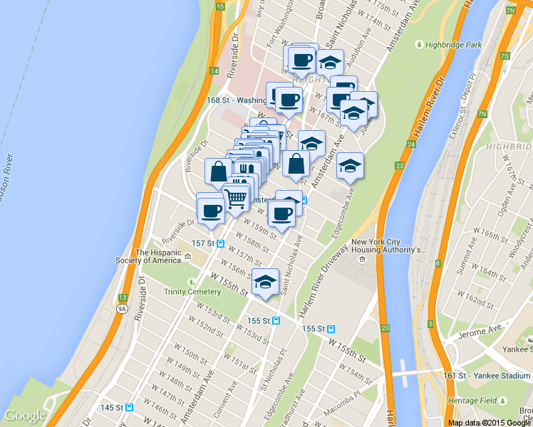 map of restaurants, bars, coffee shops, grocery stores, and more near 572 West 161st Street in New York