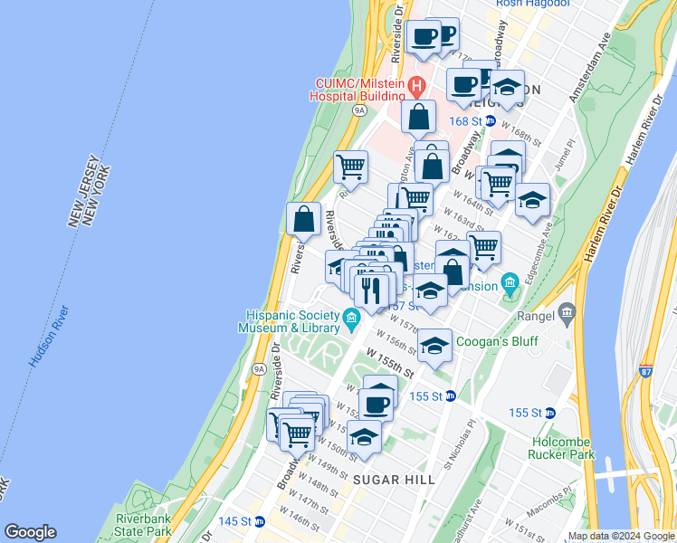 map of restaurants, bars, coffee shops, grocery stores, and more near 839 Riverside Drive in New York
