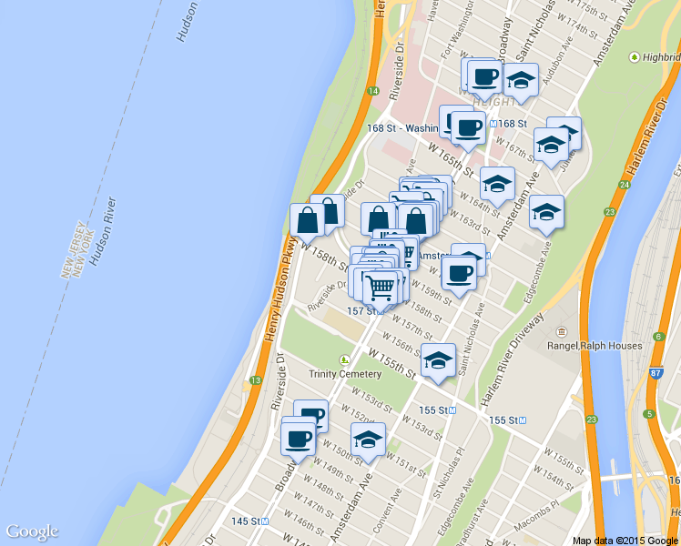 map of restaurants, bars, coffee shops, grocery stores, and more near 839 Riverside Drive in New York