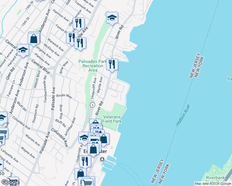 map of restaurants, bars, coffee shops, grocery stores, and more near 107 Hudson Cove in Edgewater