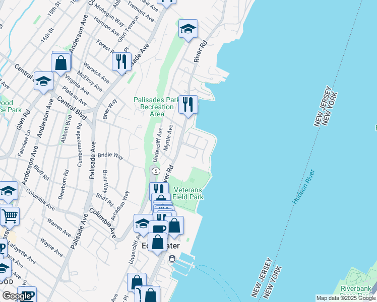 map of restaurants, bars, coffee shops, grocery stores, and more near 107 Hudson Cove in Edgewater