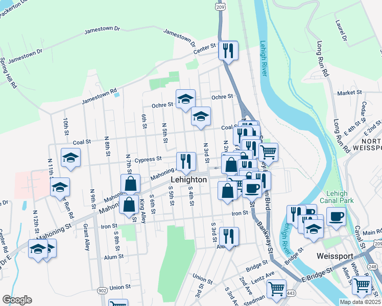 map of restaurants, bars, coffee shops, grocery stores, and more near 334 Cypress Street in Lehighton