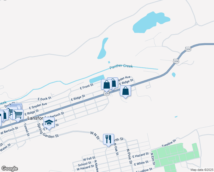 map of restaurants, bars, coffee shops, grocery stores, and more near 707 East Ridge Street in Lansford