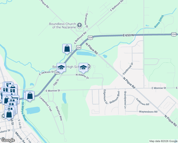 map of restaurants, bars, coffee shops, grocery stores, and more near 625 Stadium Drive in Decatur