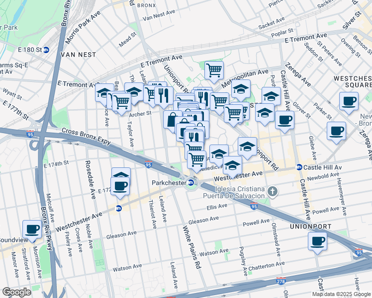 map of restaurants, bars, coffee shops, grocery stores, and more near 1385 Metropolitan Avenue in The Bronx