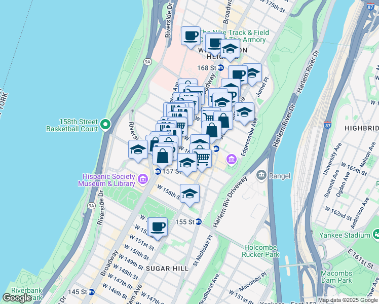 map of restaurants, bars, coffee shops, grocery stores, and more near 572 West 161st Street in New York
